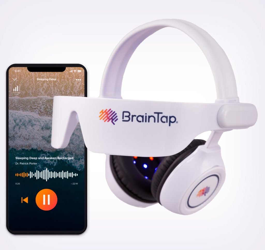 BrainTap headset and mobile app on plain white background