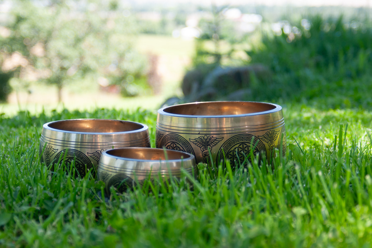 3 sound bowls in grass overlooking a valley