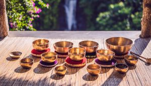 13 sound bowls on a mat in front of a waterfall and a bougainvilla bush on the left